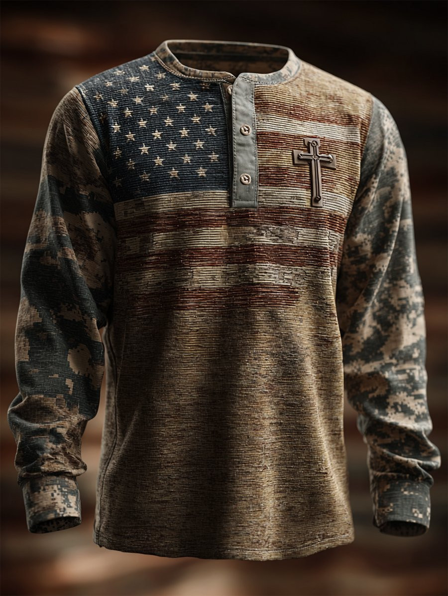 U.S Veteran Camo Button Long Sleeve Vintage Faith American Flag Military Miracle Veteran Merch
