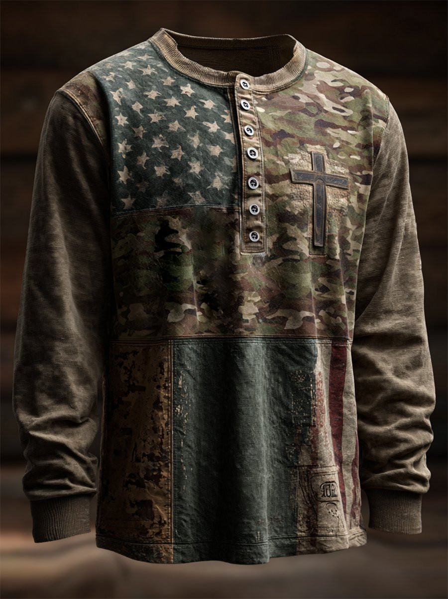 U.S Veteran Merch Camo Button Long Sleeve Faith American Flag Hoodie Veteran Gift For Proud Dad