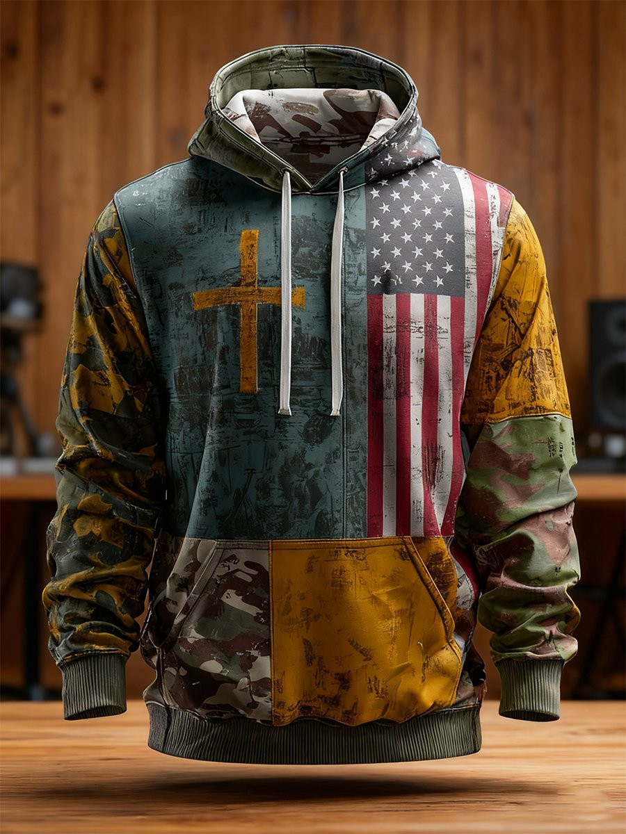U.S Veteran Merch Camo Hoodie Vintage Faith American Flag Proud Military Apparel