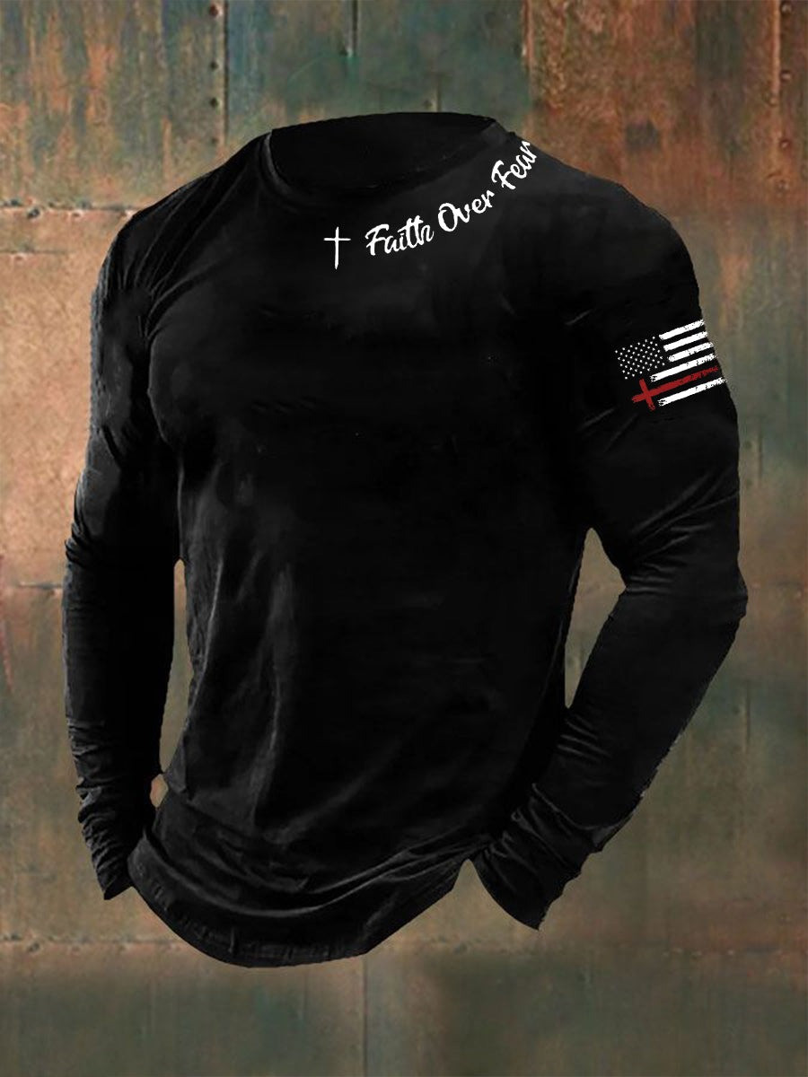 U.S Veteran Merch Long Sleeve Shirt Faith Over Fear Unique American Veteran Gifts