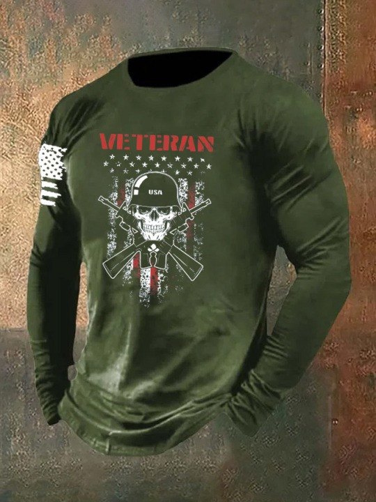 U.S Veteran Merch Long Sleeve Shirt Military Skull Pattern Proud Veterans Day Gift Ideas