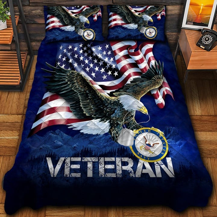 U.S Veteran Navy Quilted Bedding Set Duvet Cover Bedspread Eagle Dog Tag America Veteran Gifts