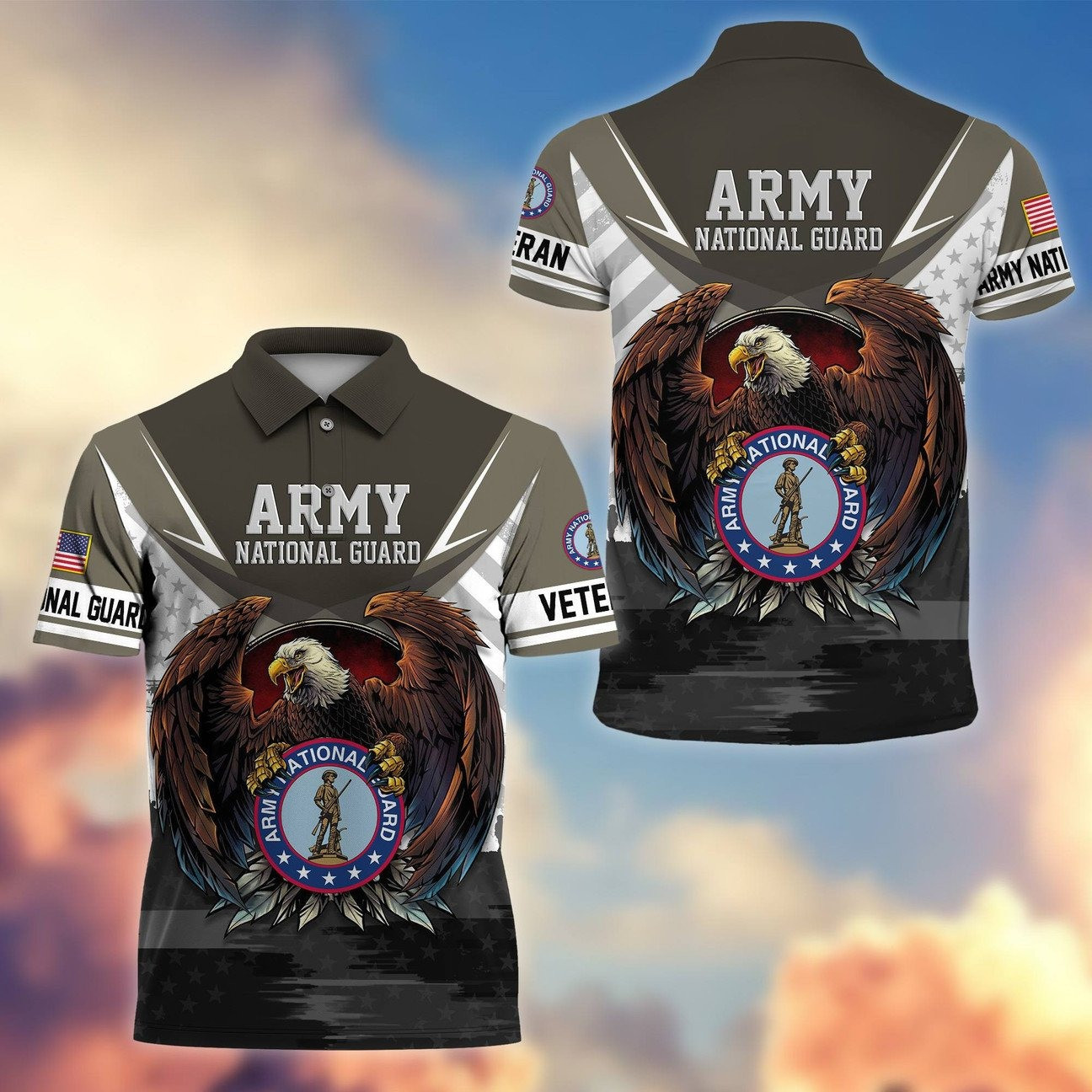 U.S. Army National Guard Eagle Head Polo Shirt Patriotic Apparel Gift for Dad and Husband and Friends on Veterans Day