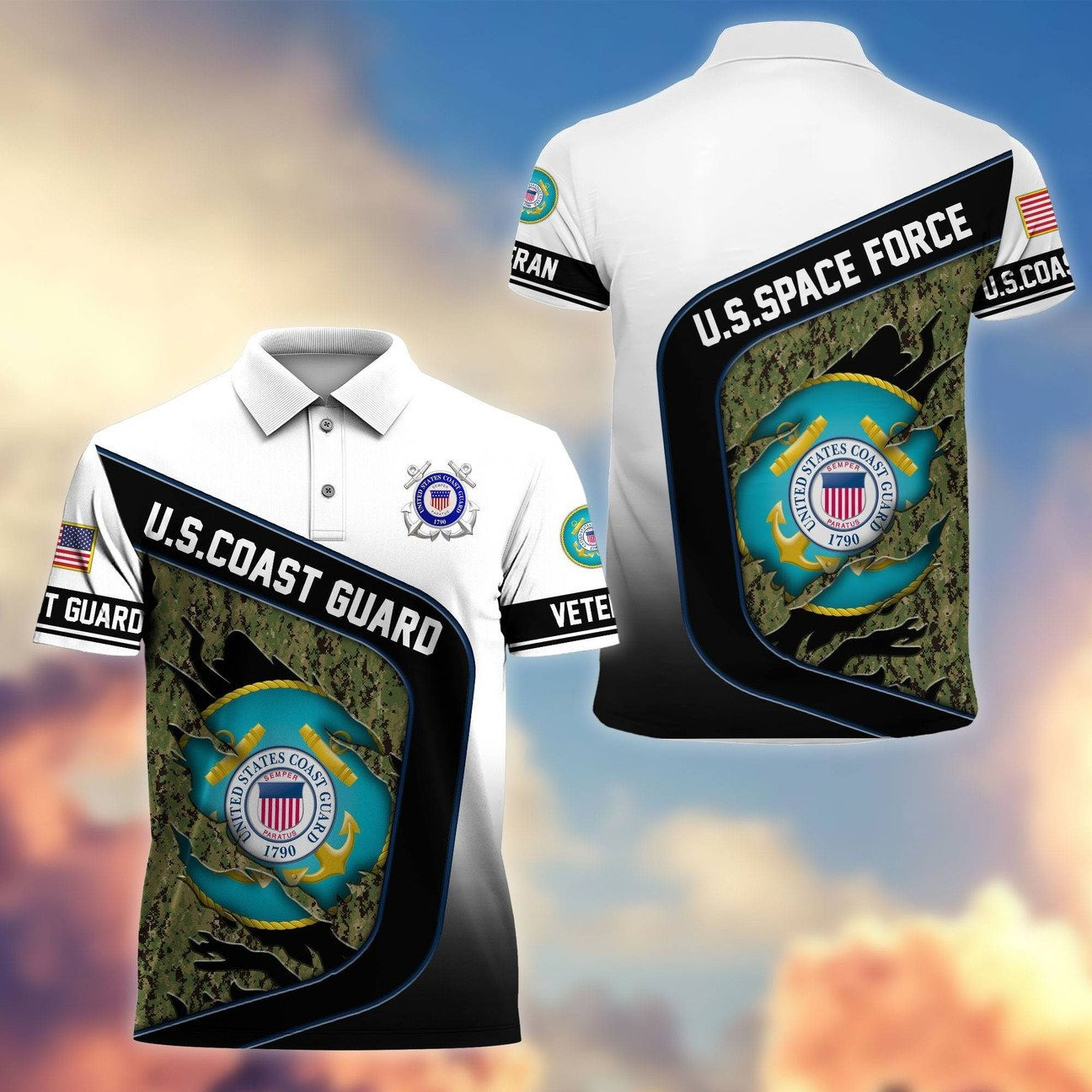 U.S. Coast Guard Camouflage Logo Polo Shirt Memorial Gift for Dad and Husband and Friends on Veterans Day