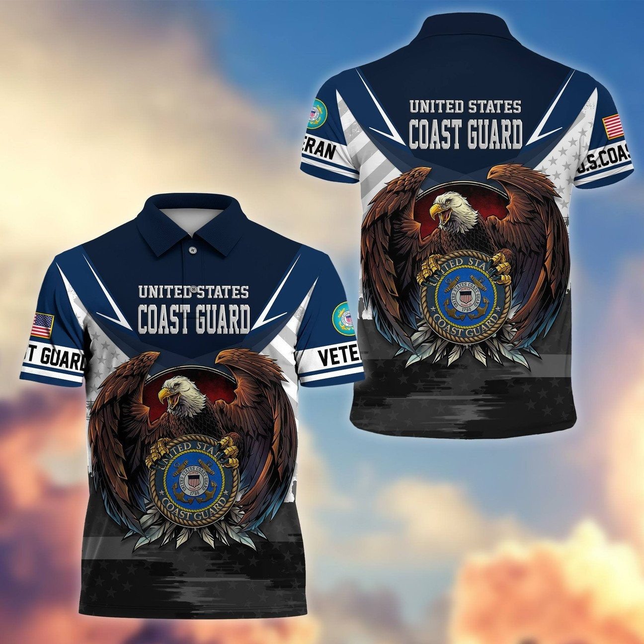 U.S. Coast Guard Eagle Head Polo Shirt Patriotic Apparel Gift for Dad and Husband and Friends on Veterans Day