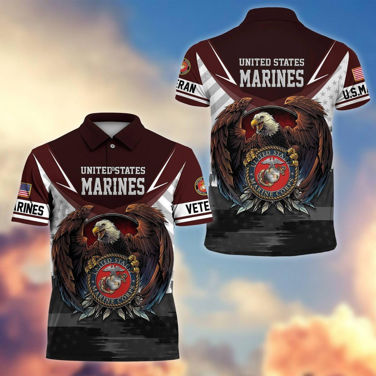 U.S. Marine Eagle Head Polo Shirt Patriotic Apparel Gift for Dad and Husband and Friends on Veterans Day