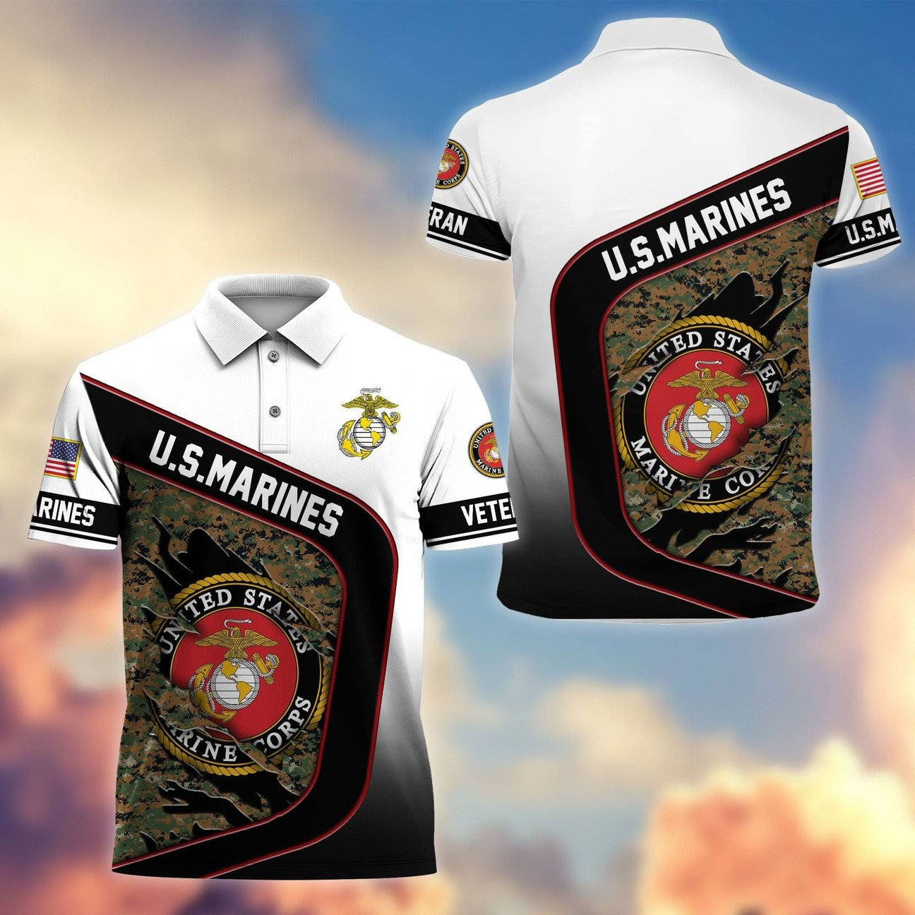 U.S. Marines Camouflage Logo Polo Shirt Memorial Gift for Dad and Husband and Friends on Veterans Day