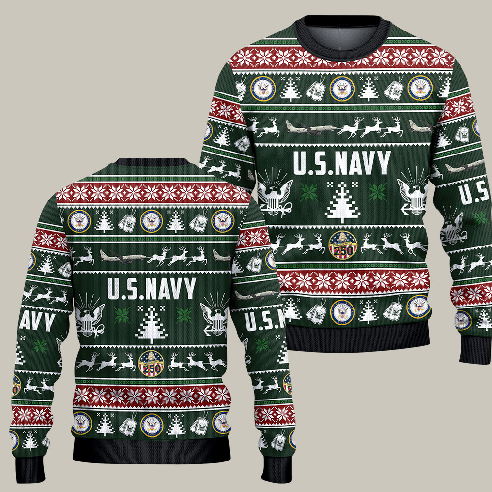 U.S. Navy 250th Anniversary Christmas Ugly Sweater USN Christmas Gifts For Navy Sailor