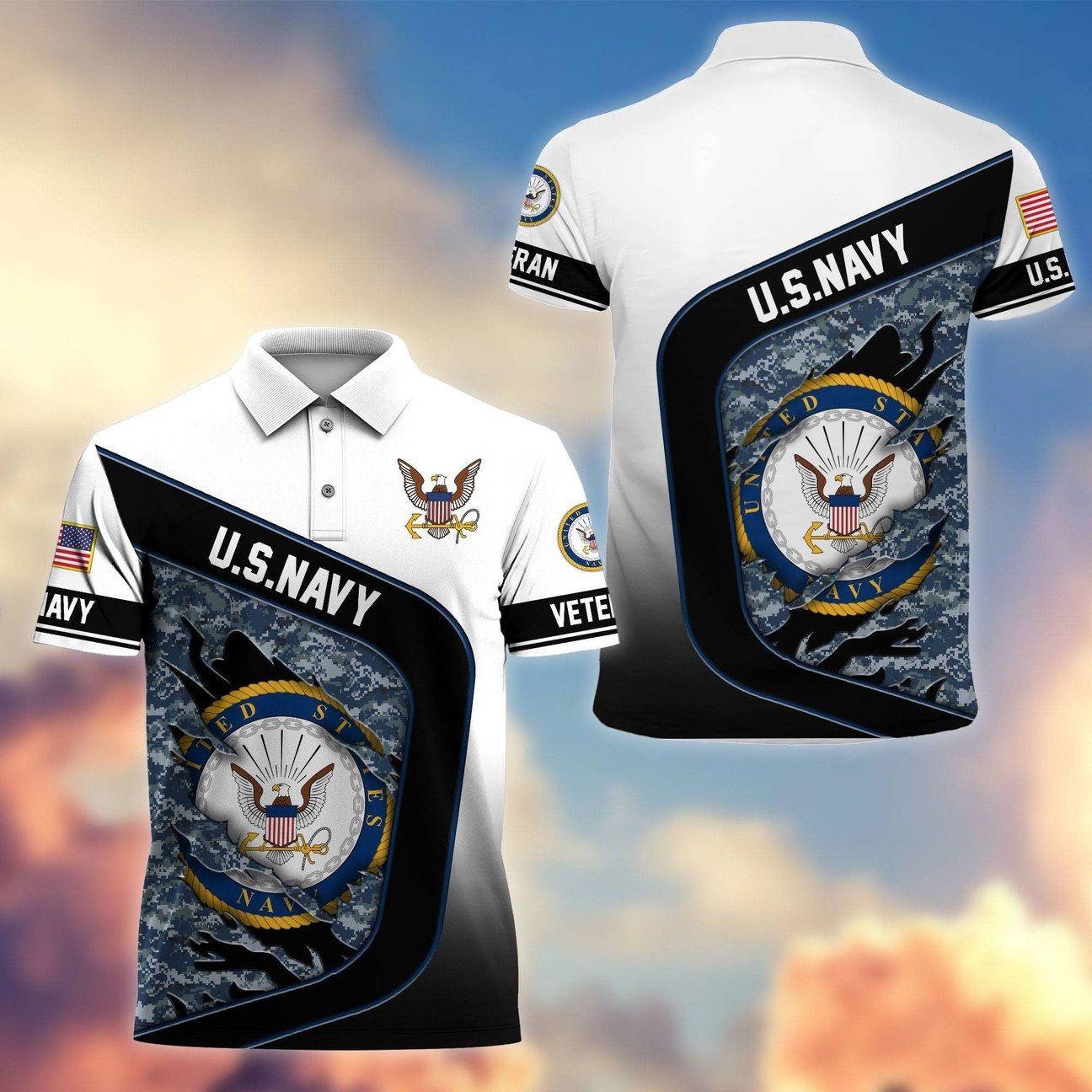 U.S. Navy Camouflage Logo Polo Shirt Memorial Gift for Dad and Husband and Friends on Veterans Day