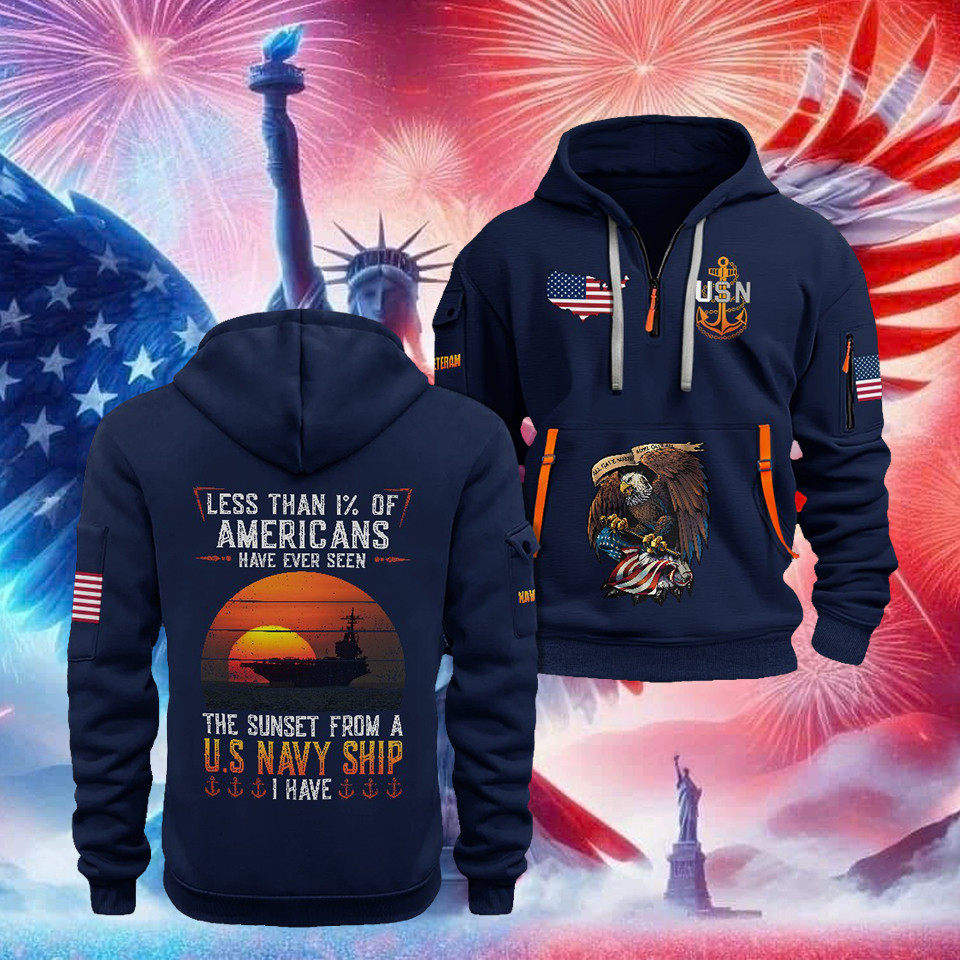 U.S. Navy Quarter Zip Hoodie Eagle USA Flag Less Than 1' Of Americans Military Outfit Gifts