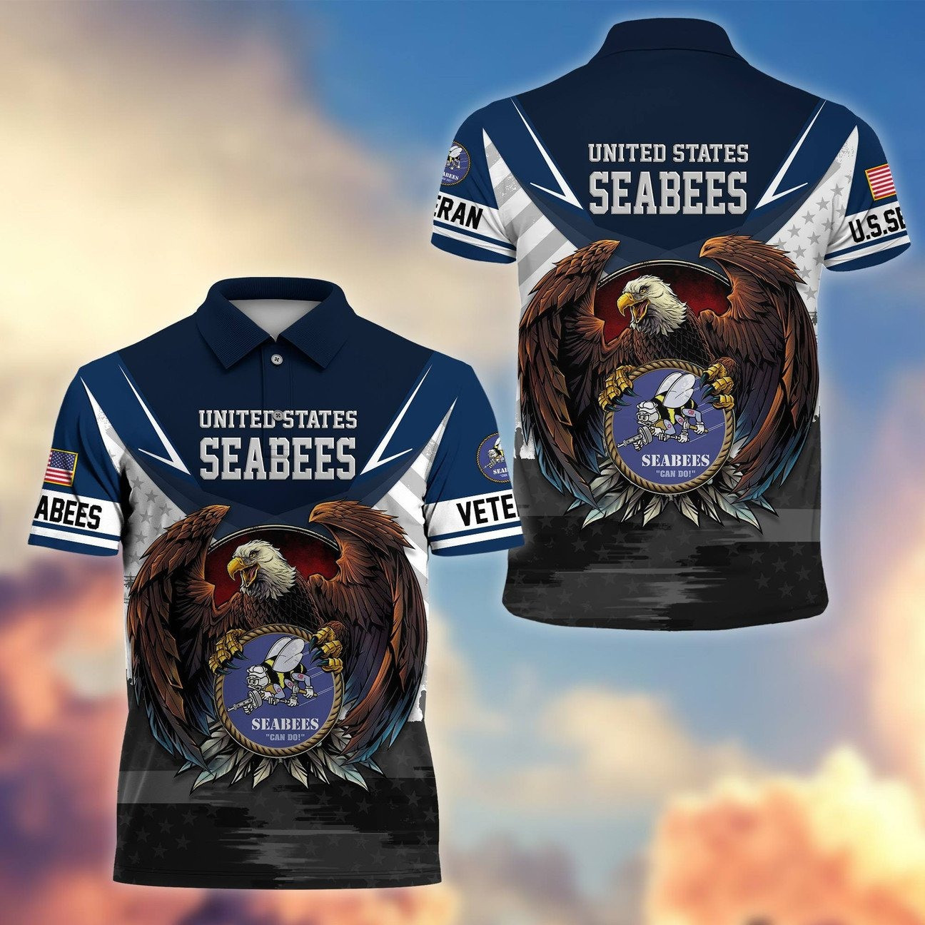 U.S. Seabees Eagle Head Polo Shirt Patriotic Apparel Gift for Dad and Husband and Friends on Veterans Day