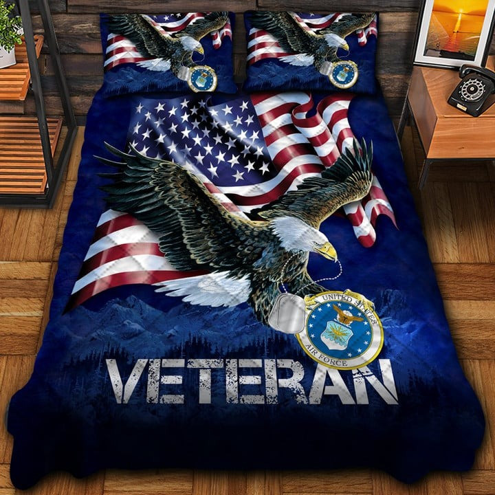 U.S.A.F Veteran Quilted Bedding Set Duvet Cover Bedspread Eagle Dog Tag America Veteran Gifts