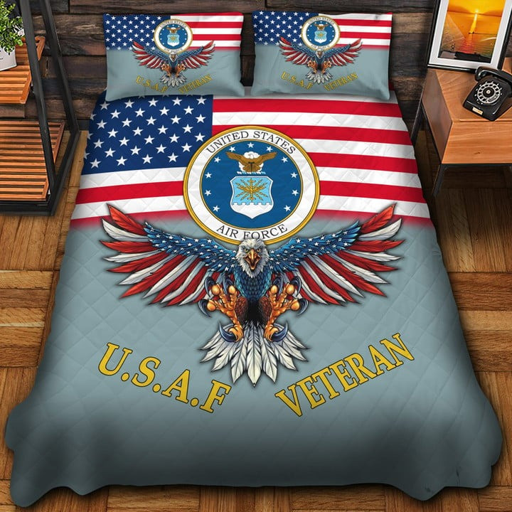 U.S.A.F Veteran Quilted Bedding Set Duvet Cover Bedspread Eagle USA Flag Bedroom Decor Gifts