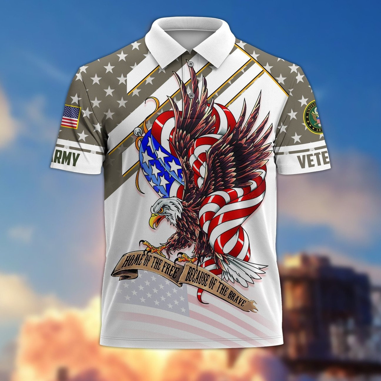 U.S.Army Veteran Home of the Free Polo Shirt Perfect Patriotic Gift For Dad and Husband on Veterans Day