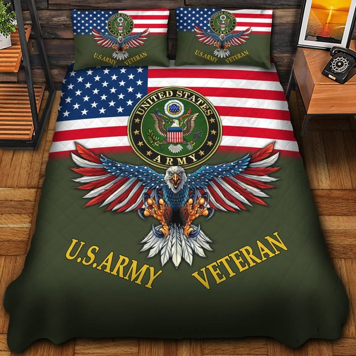 U.S.Army Veteran Quilted Bedding Set Duvet Cover Bedspread Eagle USA Flag Bedroom Decor Gifts