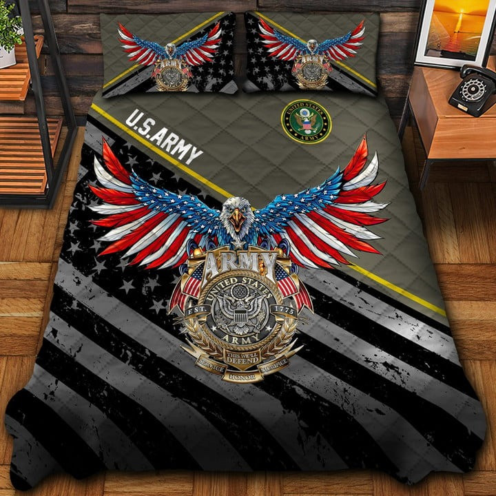 U.S.Army Veteran Quilted Bedding Set Duvet Cover Bedspread Eagle USA Flag Military Gifts