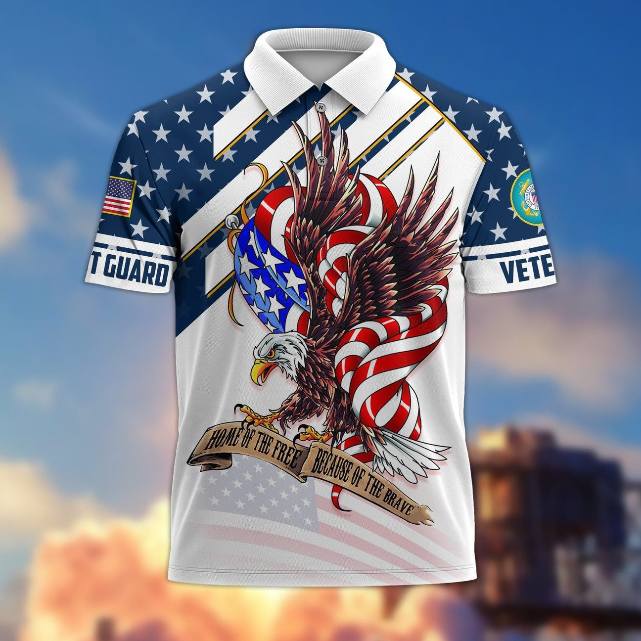 U.S.C.G Coast Guard Veteran Home of the Free Polo Shirt Perfect Patriotic Gift For Dad and Husband on Veterans Day