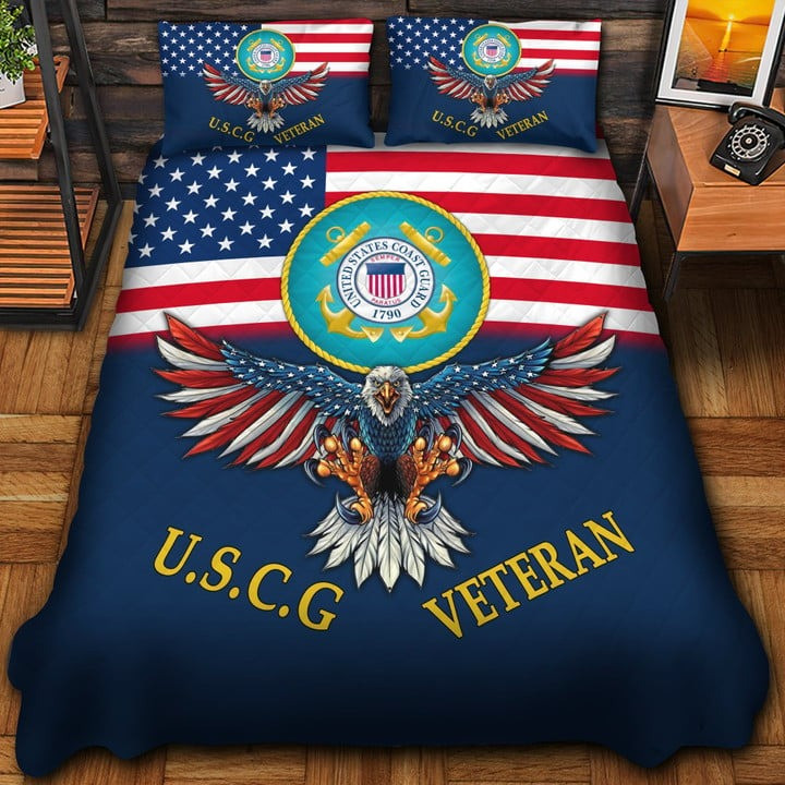 U.S.C.G Veteran Quilted Bedding Set Duvet Cover Bedspread Eagle USA Flag Bedroom Decor Gifts