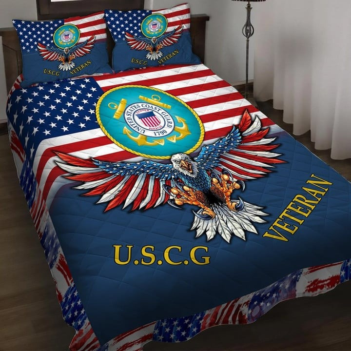 U.S.C.G Veteran Quilted Bedding Set Duvet Cover Bedspread Eagle USA Flag Veteran Gifts