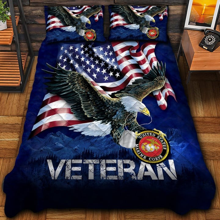 U.S.M.C Veteran Quilted Bedding Set Duvet Cover Bedspread Eagle Dog Tag America Veteran Gifts