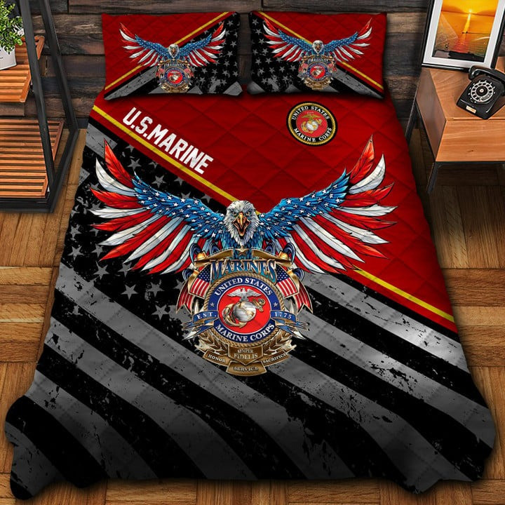 U.S.Marine Veteran Quilted Bedding Set Duvet Cover Bedspread Eagle USA Flag Military Gifts