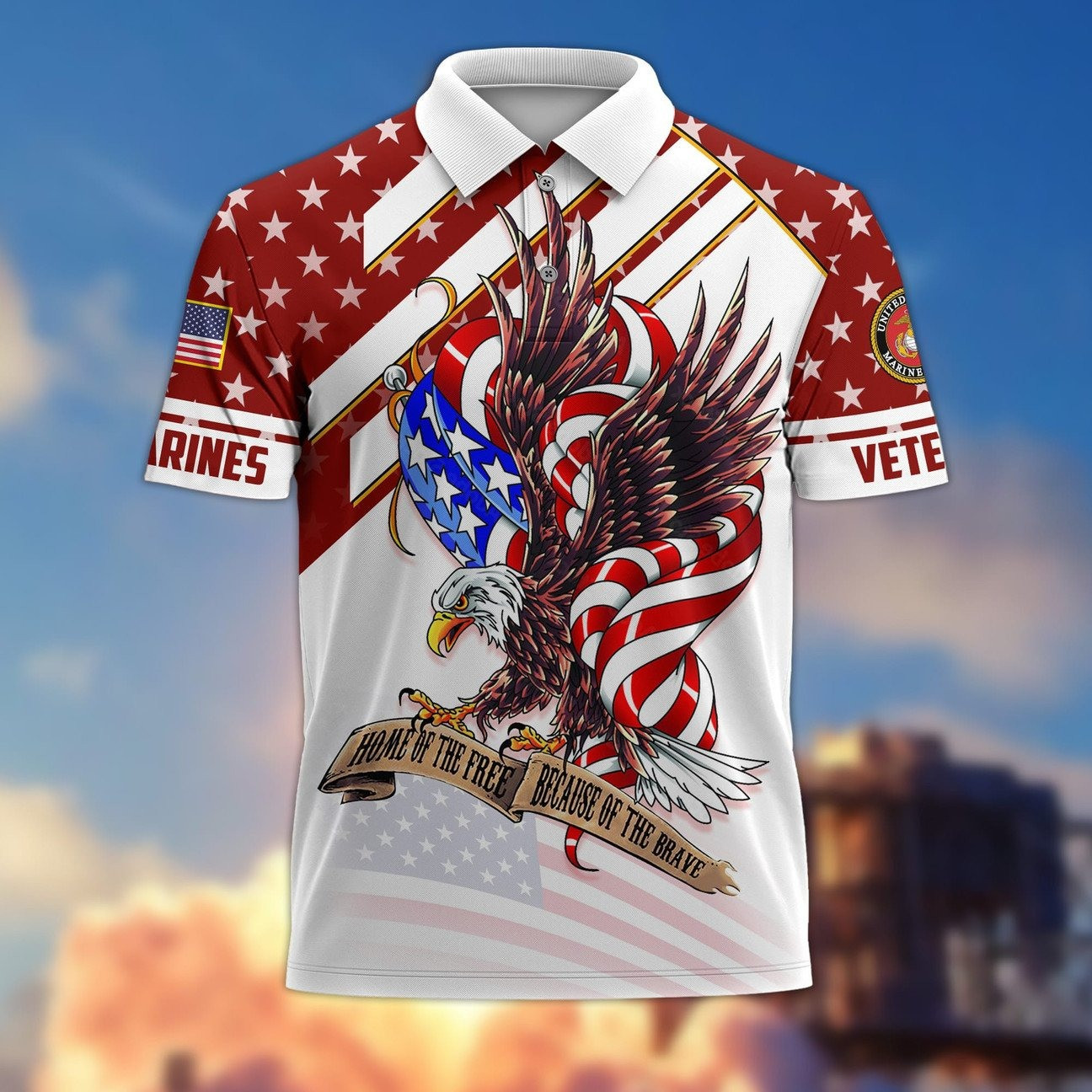 U.S.Marines Veteran Home of the Free Polo Shirt Perfect Patriotic Gift For Dad and Husband on Veterans Day