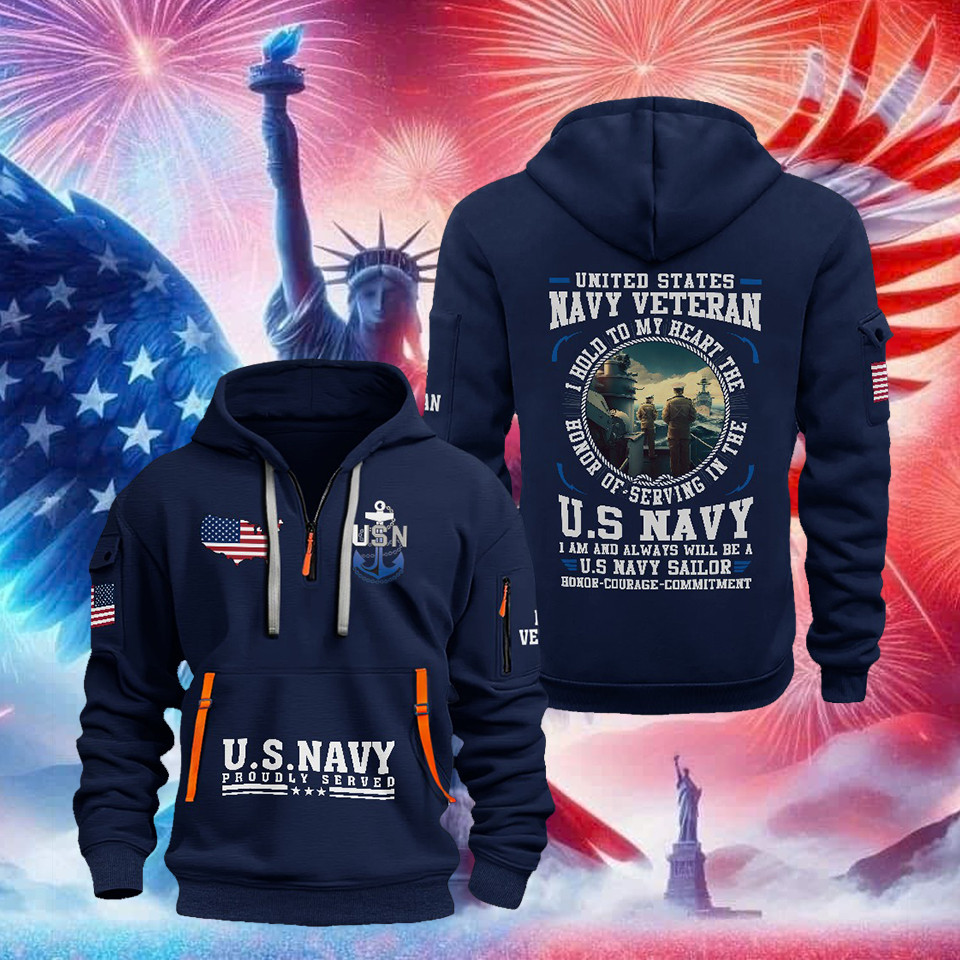 U.S.Navy Quarter Zip Hoodie Honor Courage Commitment Proudly Served Apparel Gifts For Men