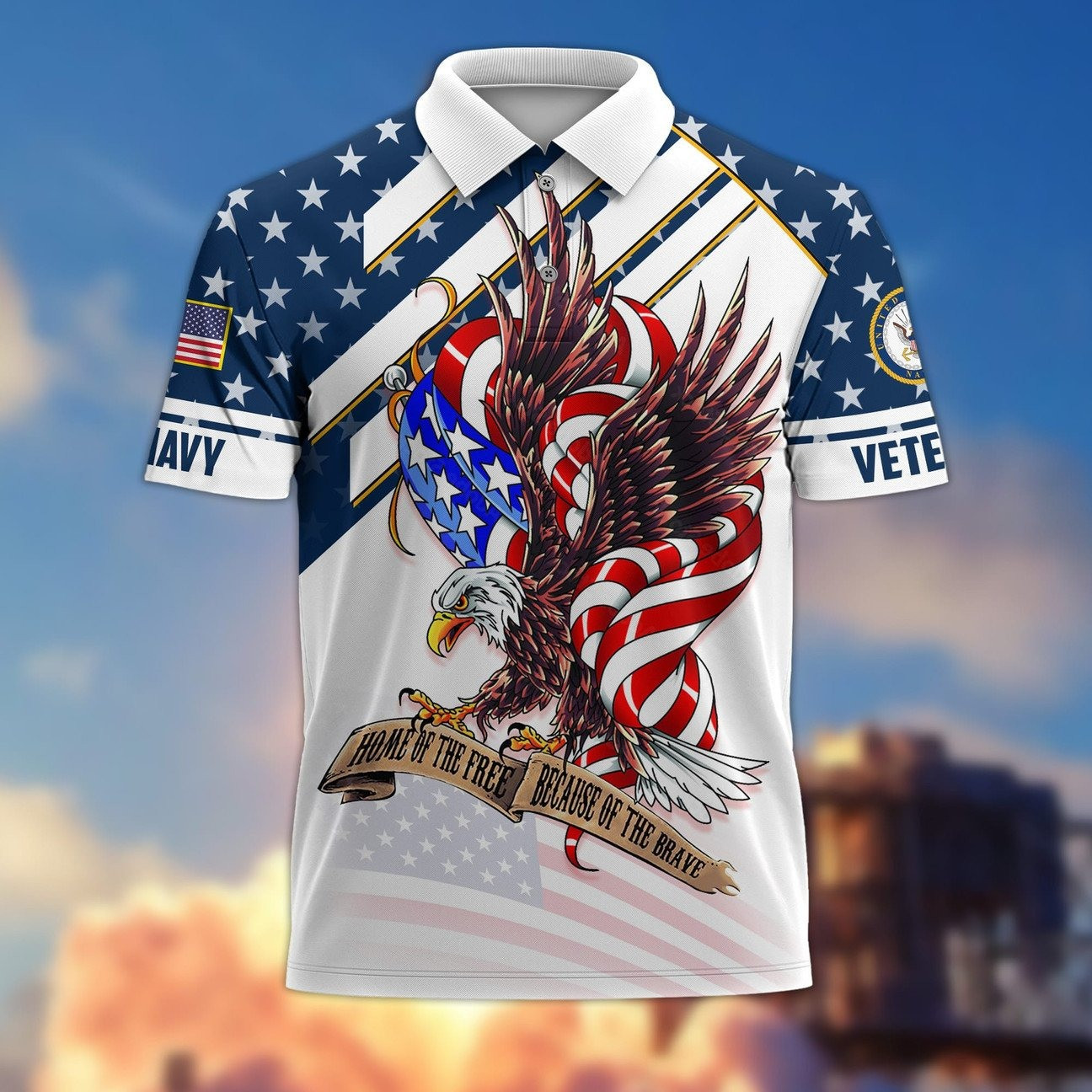U.S.Navy Veteran Home of the Free Polo Shirt Perfect Patriotic Gift For Dad and Husband on Veterans Day
