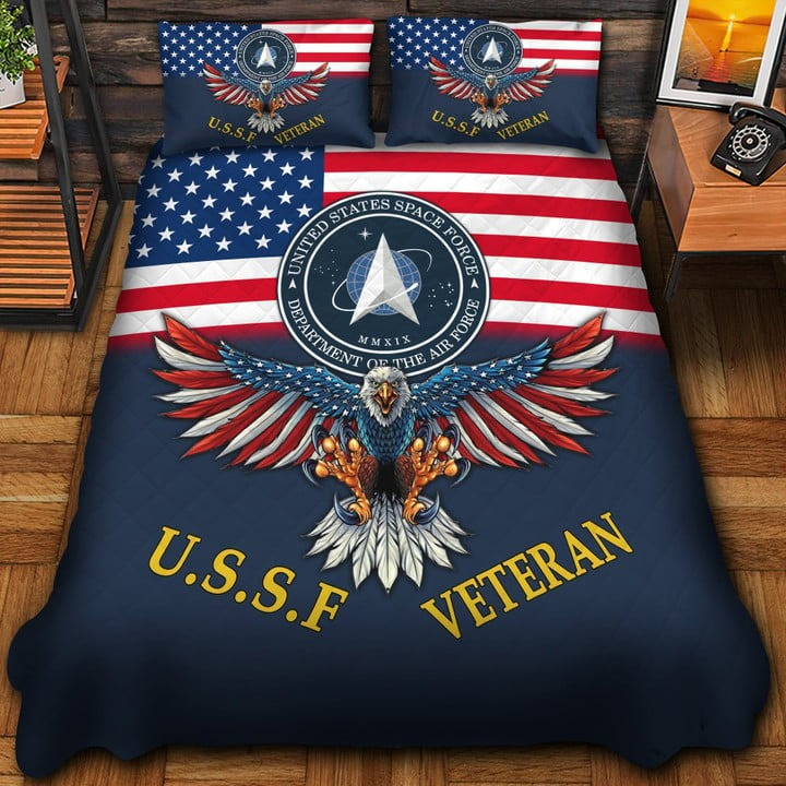 U.S.S.F Veteran Quilted Bedding Set Duvet Cover Bedspread Eagle USA Flag Bedroom Decor Gifts