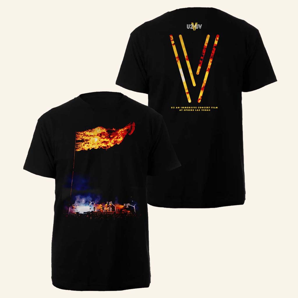 U2 Merch V-U2 Flag Fire Black T-Shirt Unique Gift Ideas For Husband