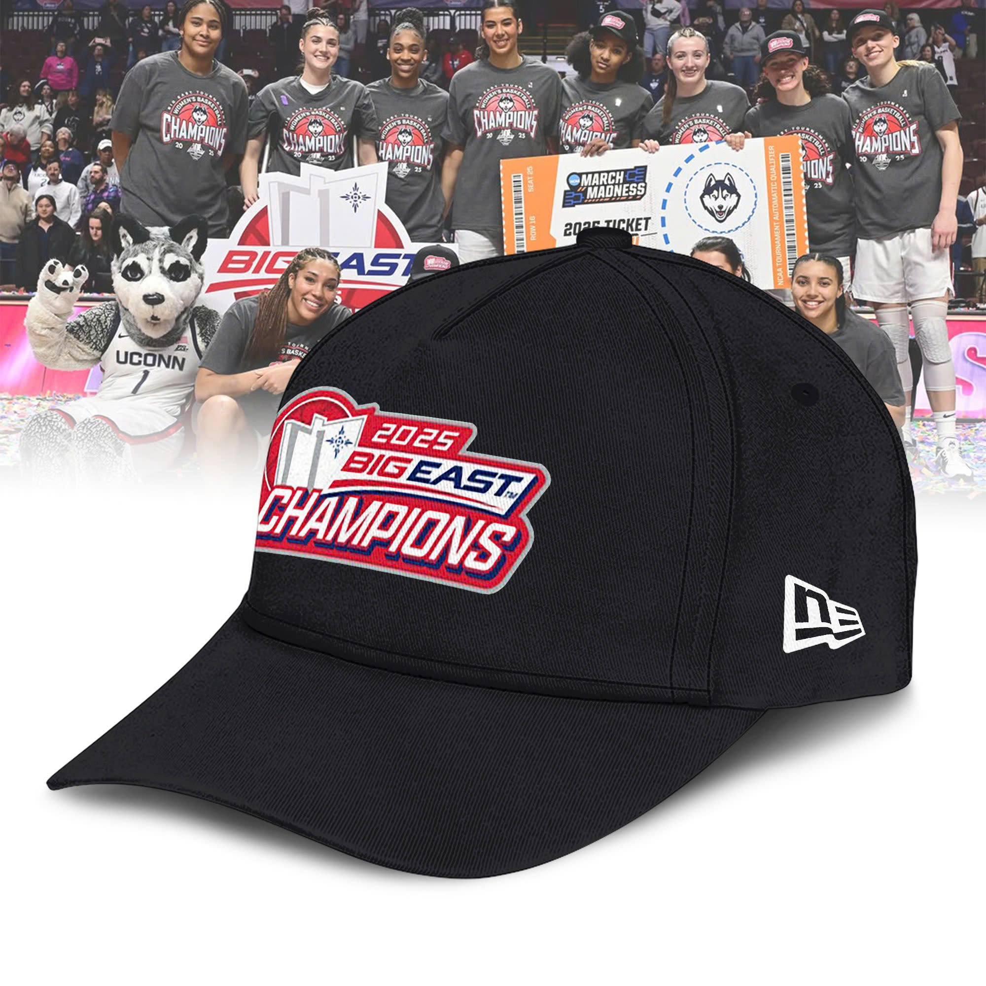 UConn Huskies 2025 BIG EAST Champions Shirt Hat Women's Basketball Championship Fan Gear