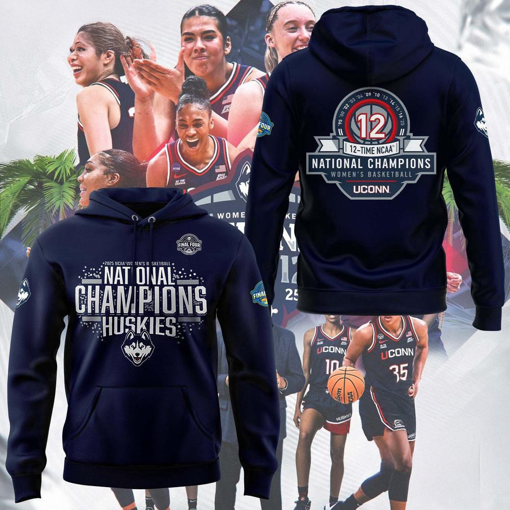 UConn Huskies 2025 Women's Basketball 12th National Champions Hoodie Gifts For Basketball Fan