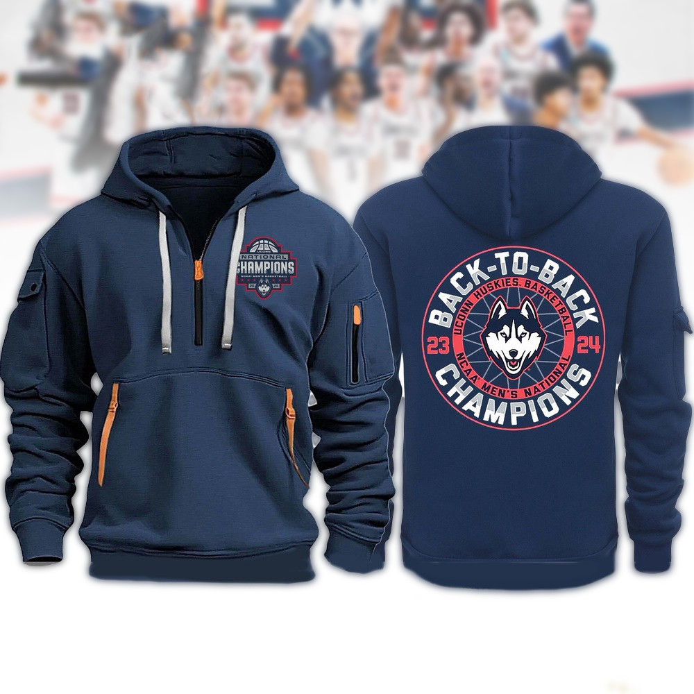 UConn Huskies Back To Back Champion Quarter Zip Hoodie NCAA Men's Basketball Champions