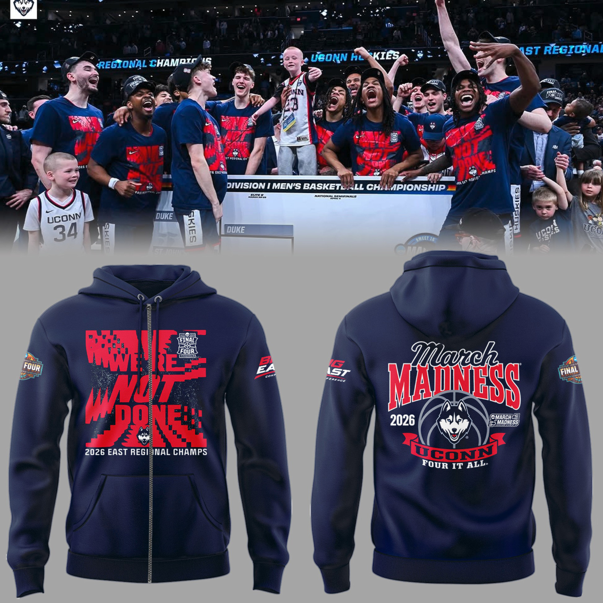 UConn Huskies Basketball Team Zip Hoodie March Madness Bracket Apparel Basketball Gear