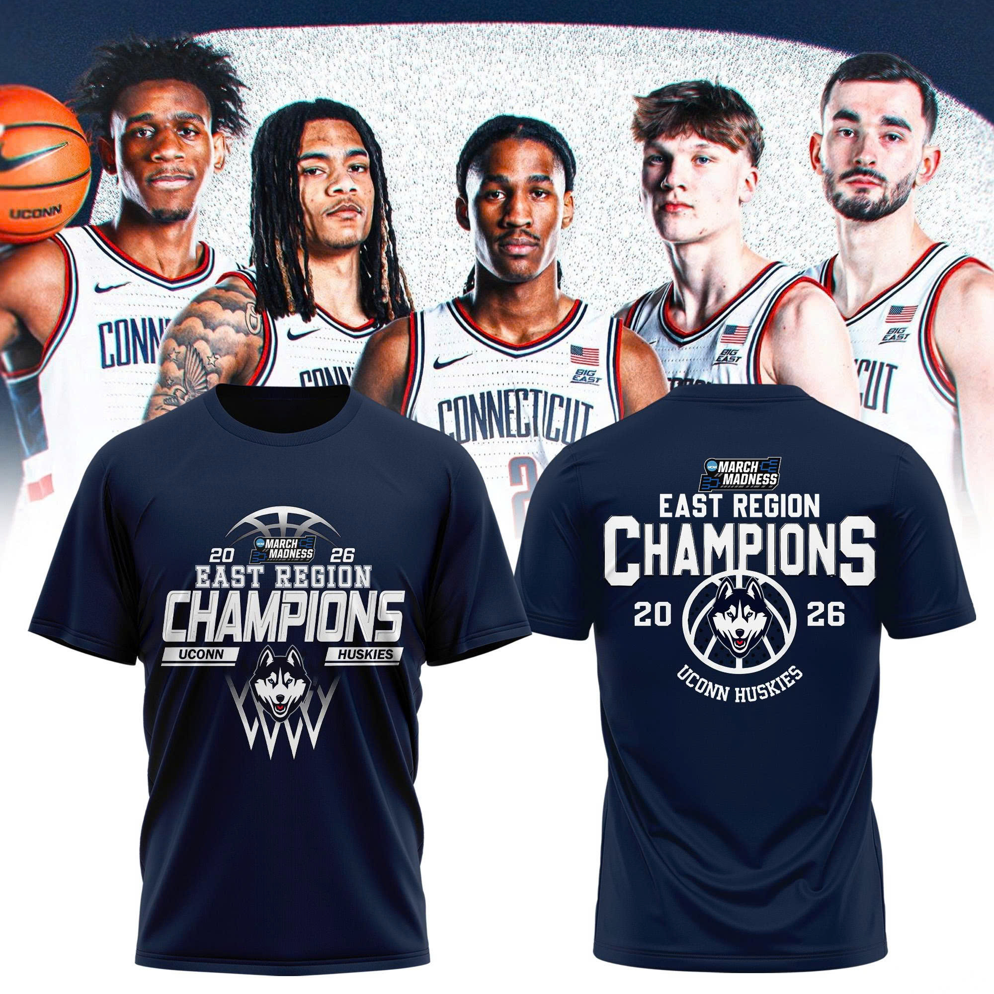 UConn Huskies East Region Champions 2026 T-Shirt NCAA March Madness Bracket Tee Fan Gear
