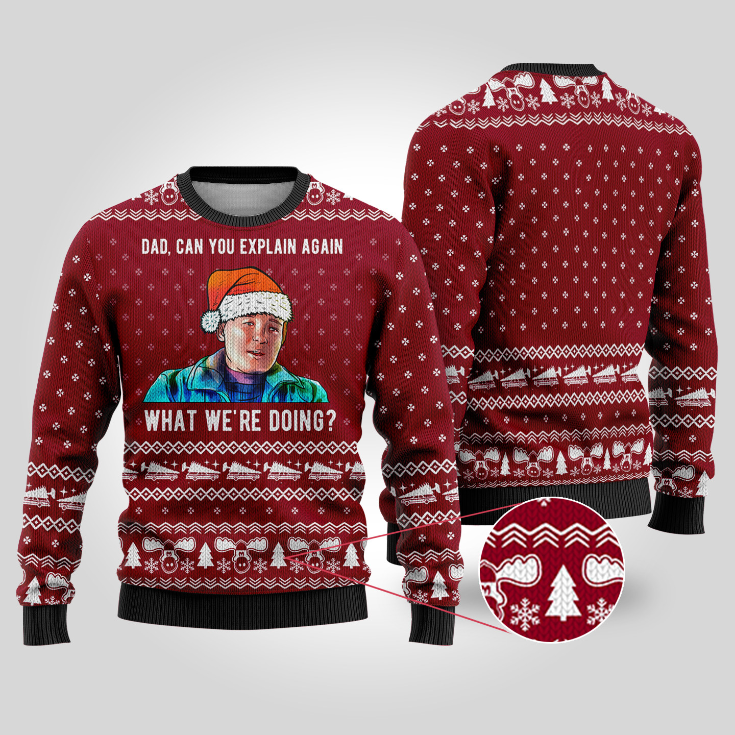 Ugly Christmas Sweater National Lampoon Dad Explain Again Cardinal Red Seasonal Gift Merch for Cozy Christmas Vibes