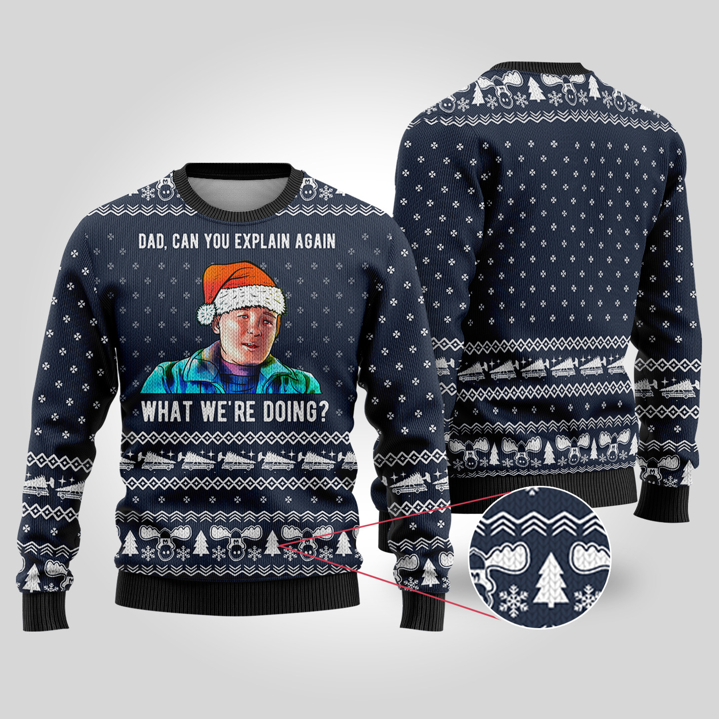 Ugly Christmas Sweater National Lampoon Dad Explain Again Navy Unique Holiday Sweater Gift Idea for Loved Ones