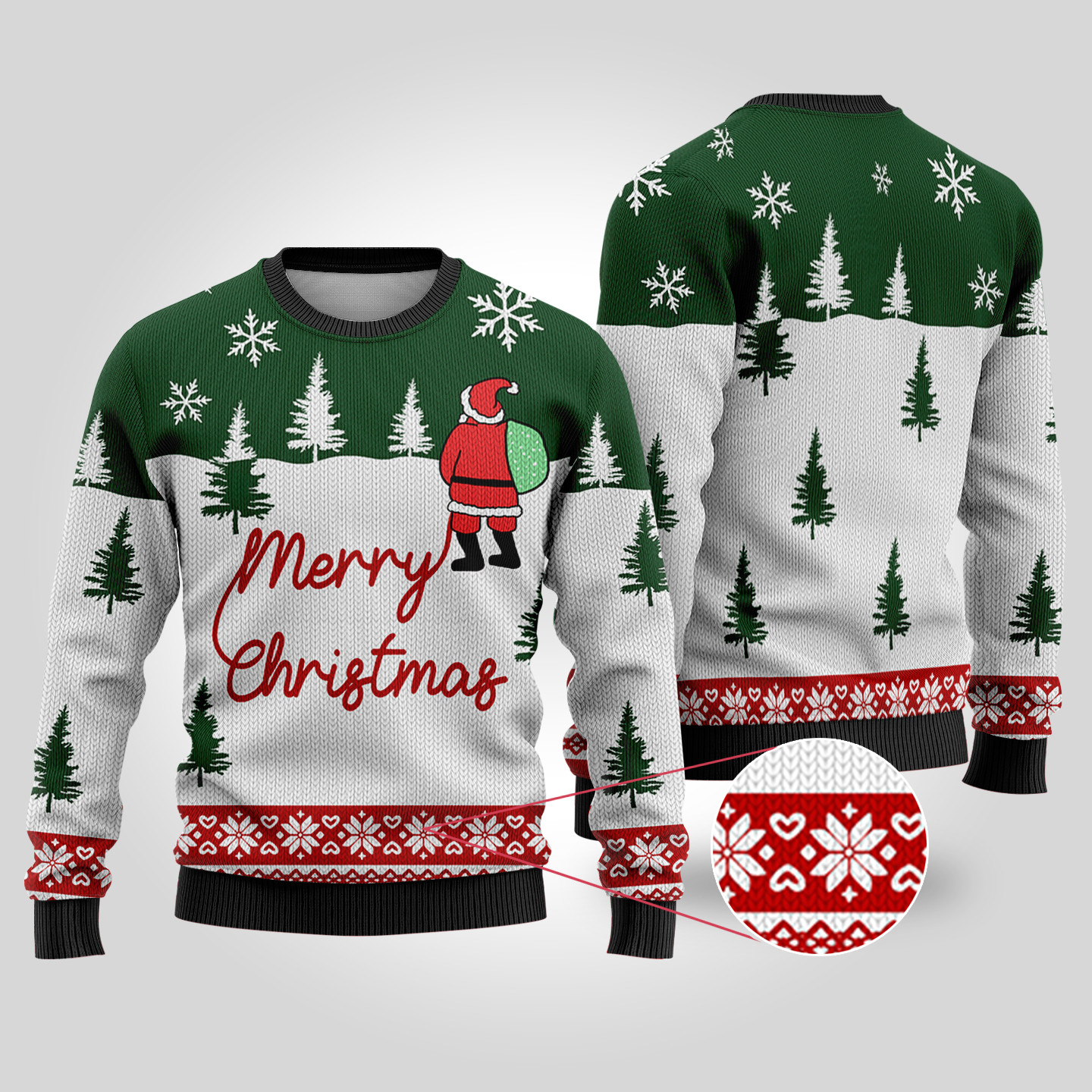 Ugly Christmas Sweater Santa At The North Pole Forest Green Warm and Comfy Sweater for Winter Days