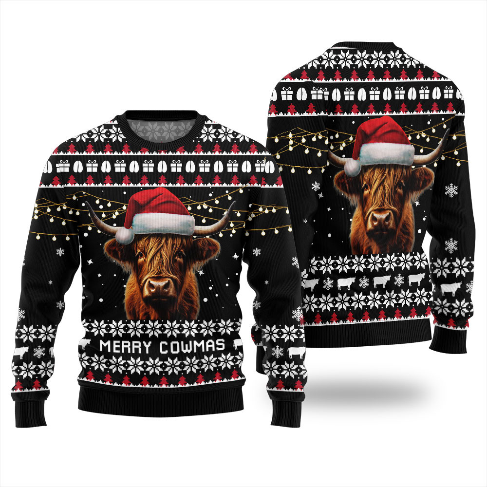 Ugly Highland Cow Sweater Black Best Christmas Merch Gift for Family and Friends