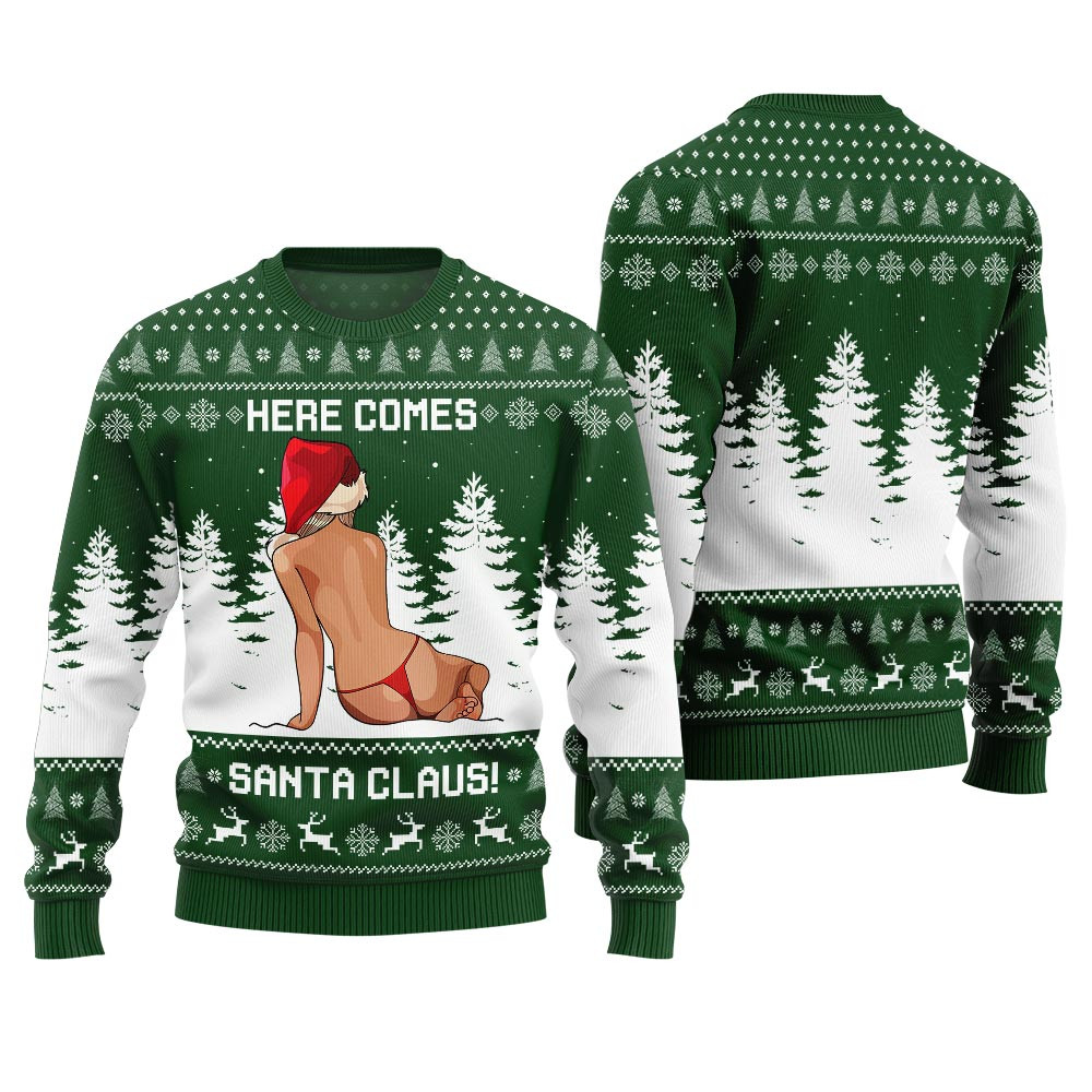 Ugly Sweater Here Comes Santa Claus Green Lovely Merch Gift for Cozy Winter Nights