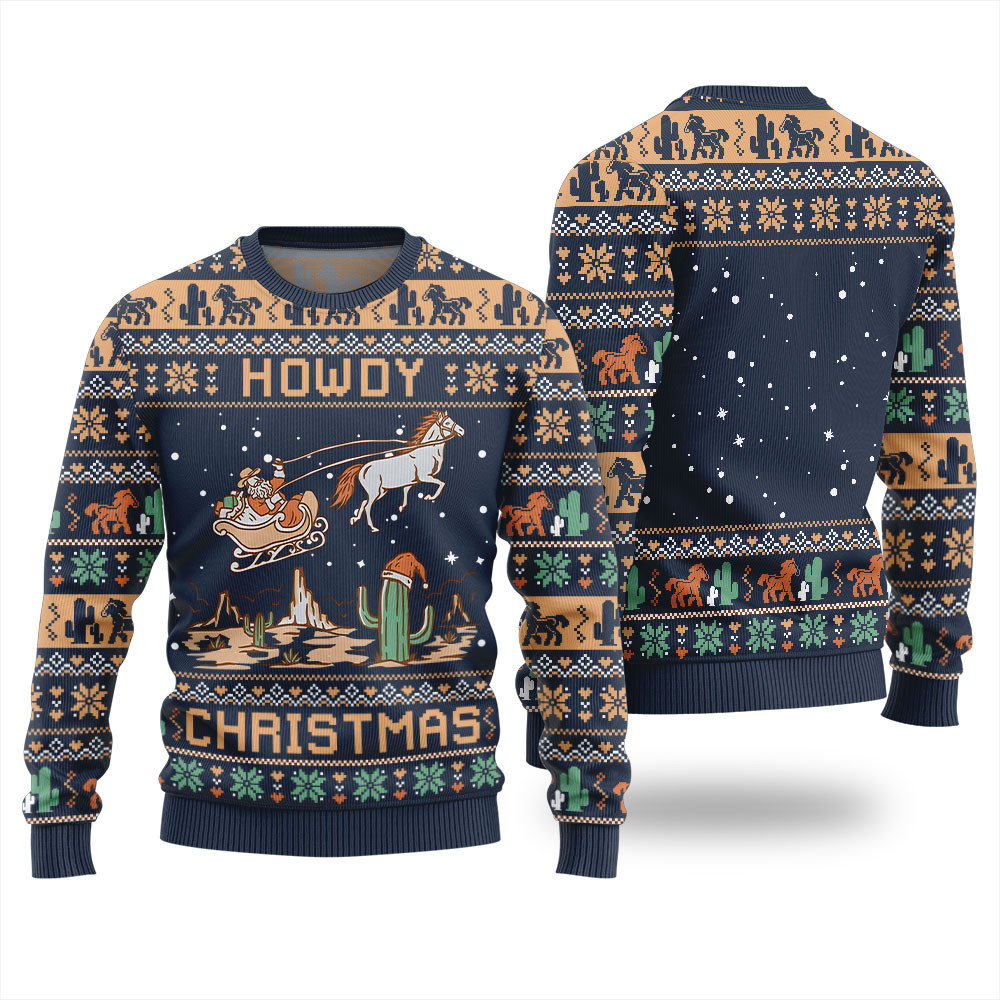 Ugly Xmas Sweater Howdy Christmas Santa Claus Navy Lovely Christmas Sweater Gift for Mom or Grandma