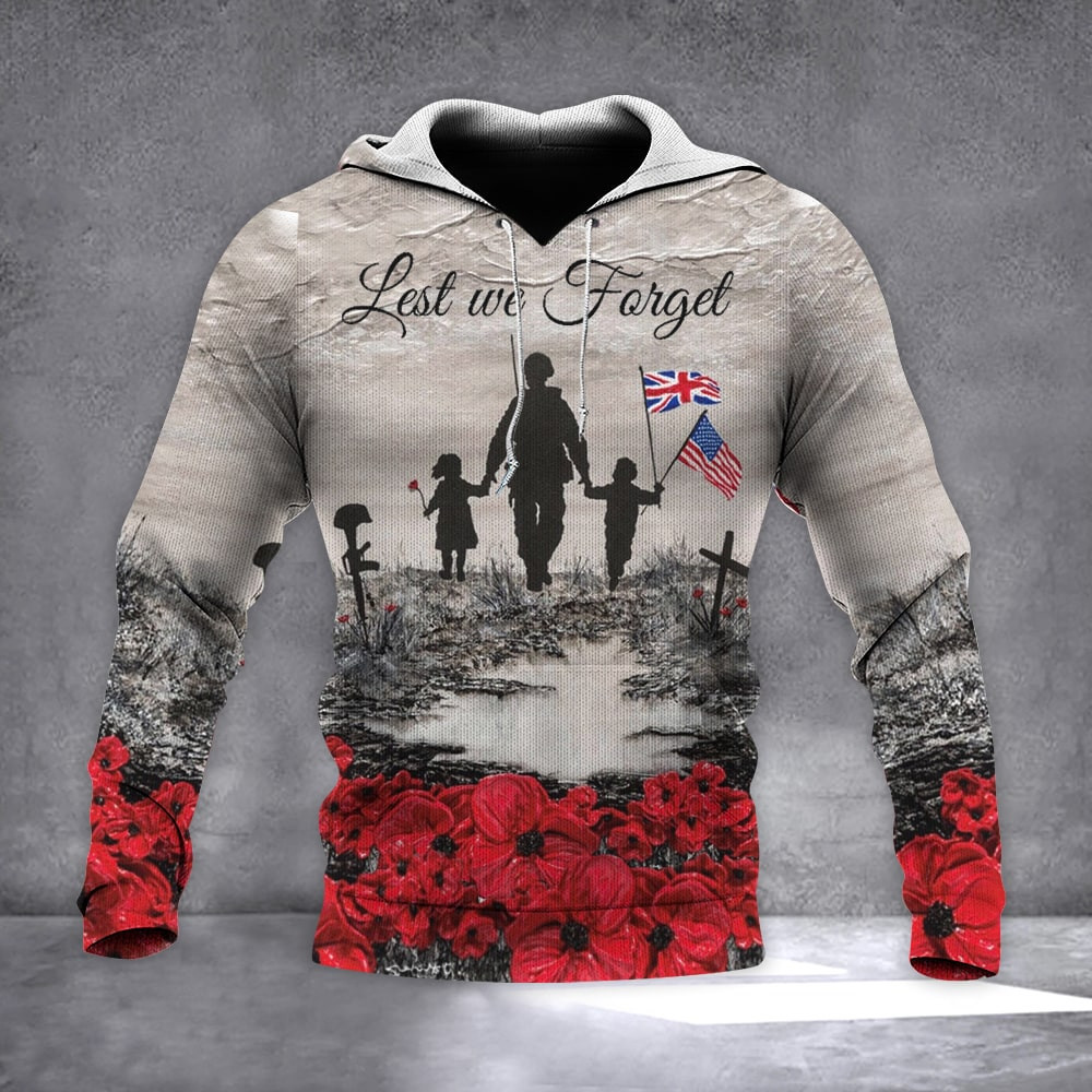 UK And US Lest We Forget Poppy Hoodie Veterans Remembrance Patriotic Hoodie