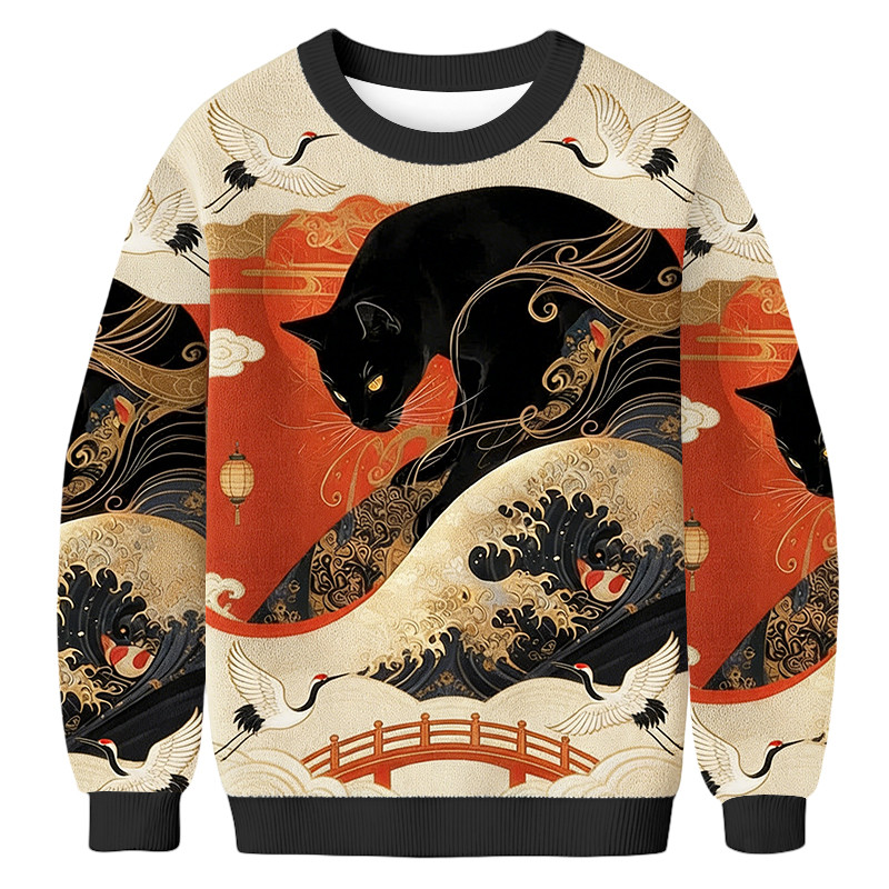 Ukiyo E Black Cat Ugly Christmas Sweater Vinatge Style Winter Apparel Xmas Gifts For Cat Owners