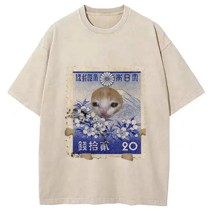 Ukiyo-e Cat Meme Washed T-Shirt Retro Humor Outfit Idea Gifts For Her