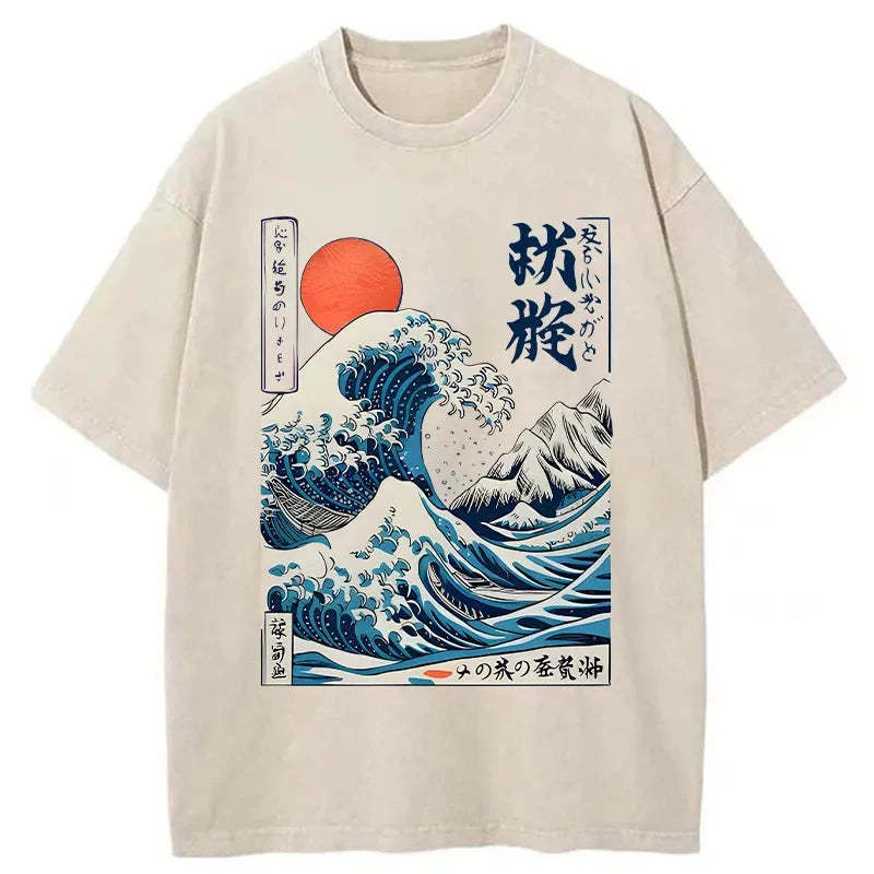 Ukiyo-e Ocean Waves Japan Washed T-Shirt Retro Humor Outfit Idea Gifts For Him