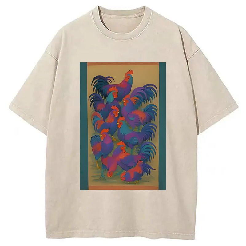 Ukiyo-e Rooster Japanese Art Washed T-Shirt Classic Graphic Fashion Tee Gifts For Sister