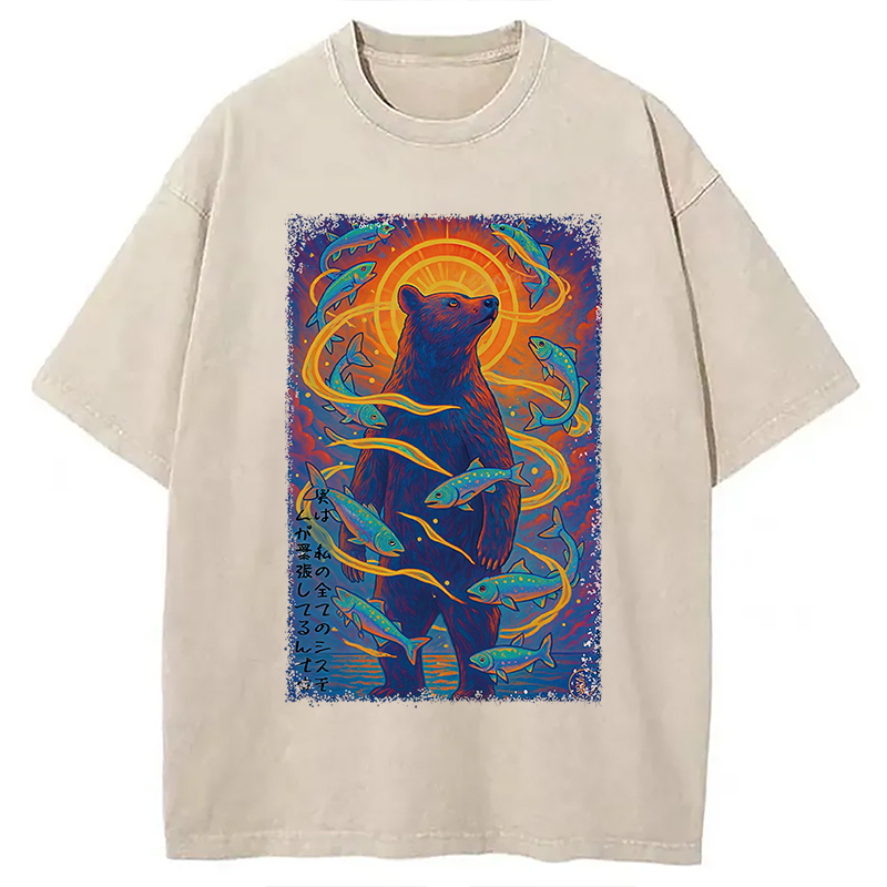 Ukiyoe Bear and Fish Vintage Poster Washed T-Shirt Retro Humor Graphic Top Gifts For Brother Ukiyoe Bear and Fish Vintage Poster Washed T-Shirt Retro Humor Graphic Top Gifts For Brother