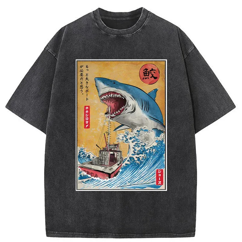 Ukiyoe Shark Japan Washed T-Shirt Trendy Aesthetic Graphic Apparel Gifts For Besties