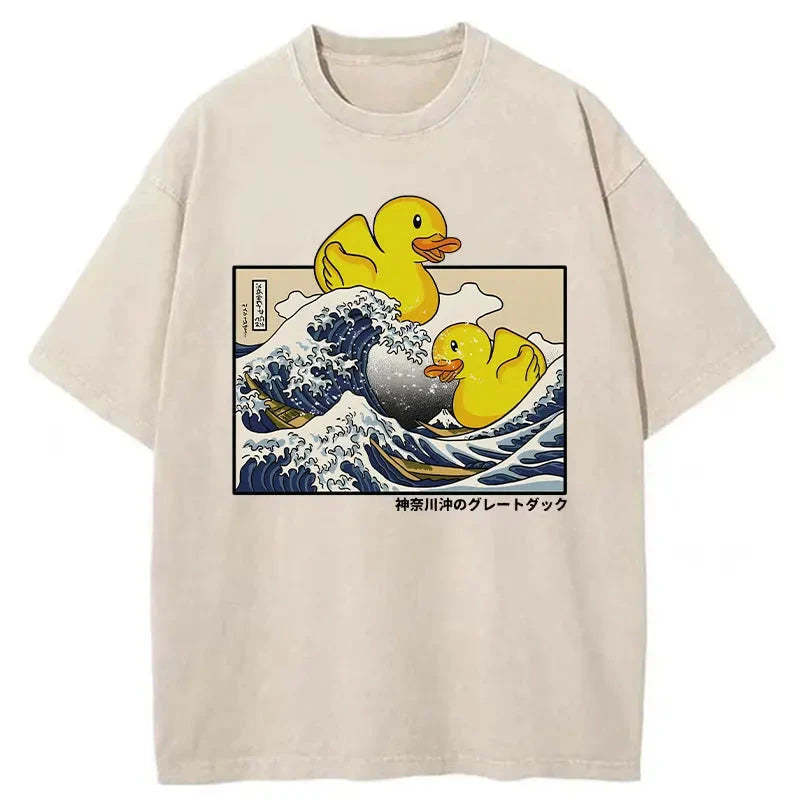 Ukiyoe Waves And Cute Yellow Duck Washed T-Shirt Everyday Comfort Graphic Shirt Gifts For Besties