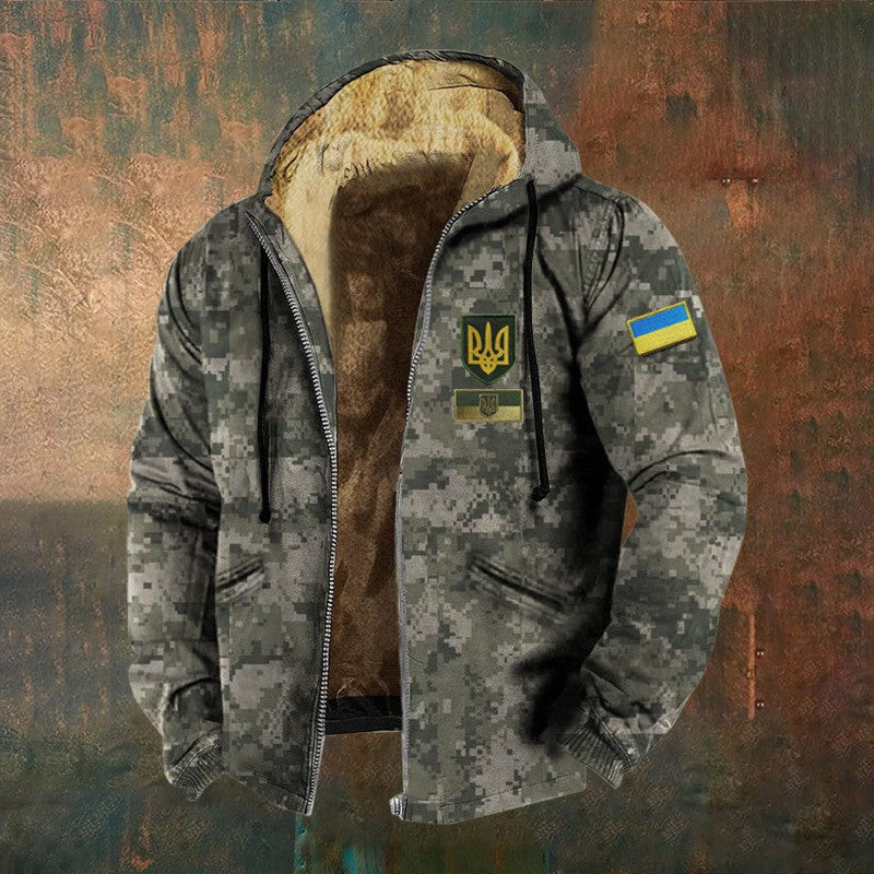 Ukrainian Trident Camouflage Zip Hoodie Ukraine Hoodie Zelensky Gifts Father's Day Gift for Dad